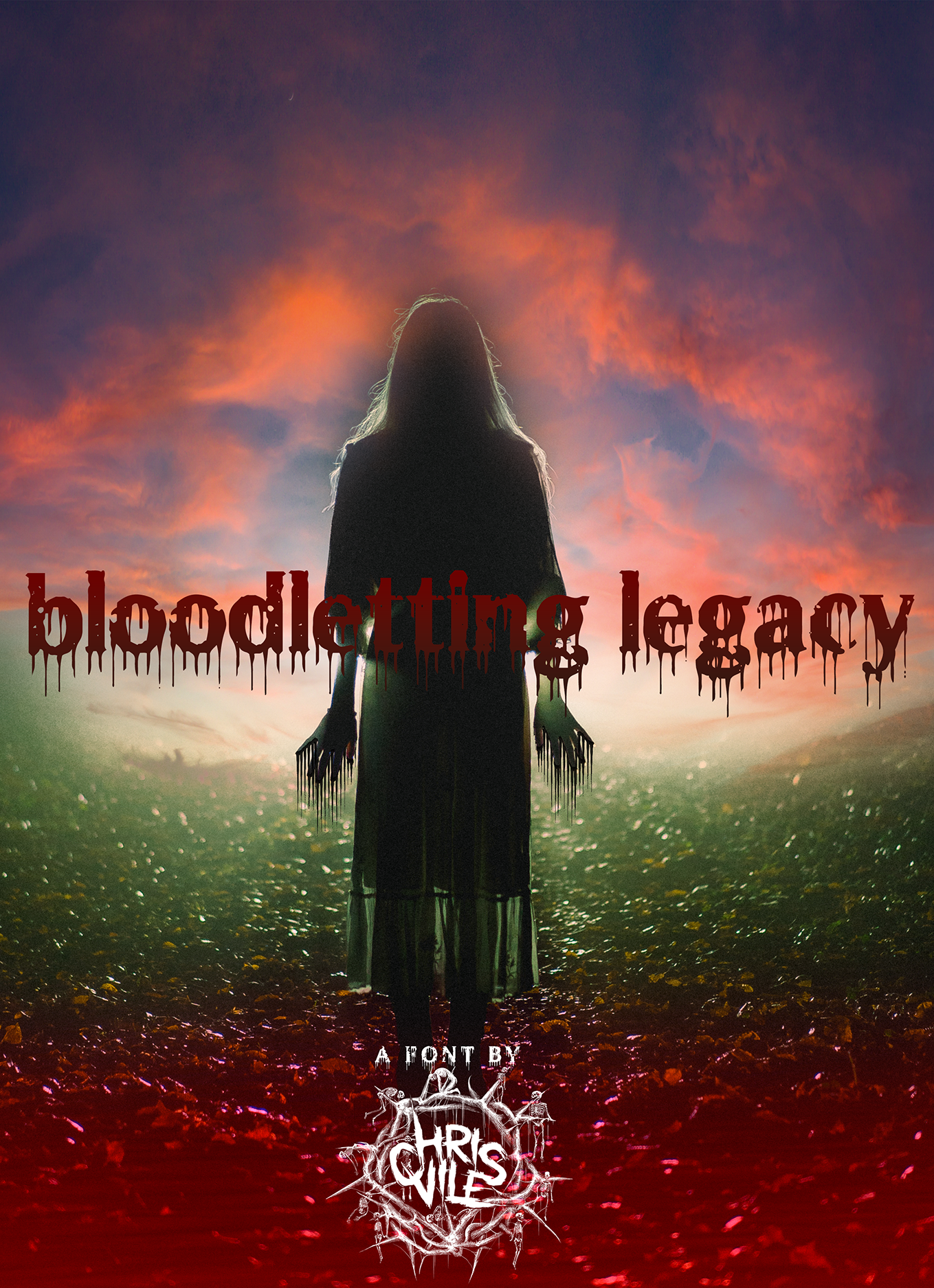Bloodletting Legacy Font, a semi-bold serif font with eroded characters and sharp blood drips.